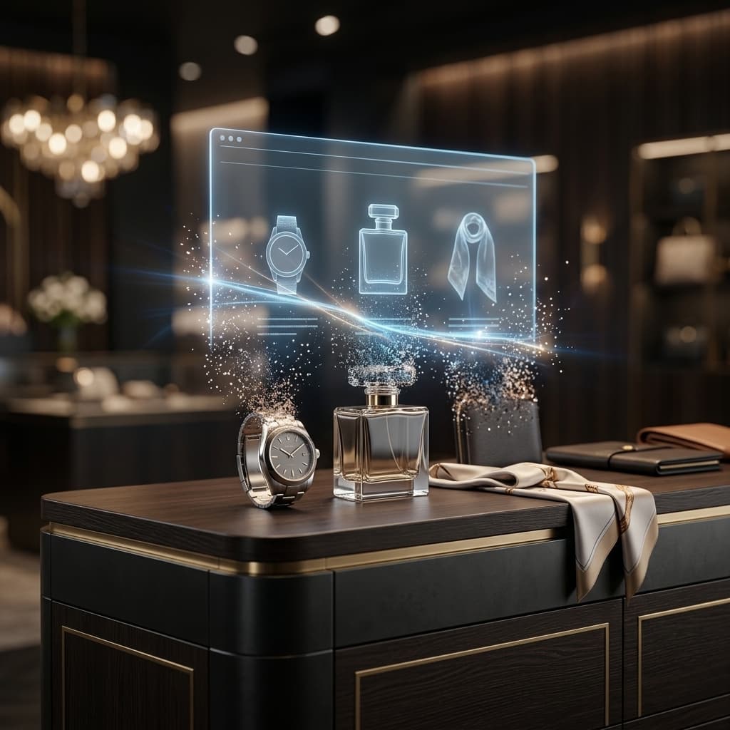 A premium shop counter with real products dissolving into light particles that form a holographic digital storefront above