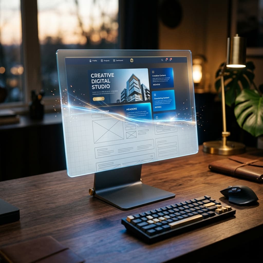 A holographic screen on a premium desk: a website design materialising from a wireframe blueprint into the finished interface