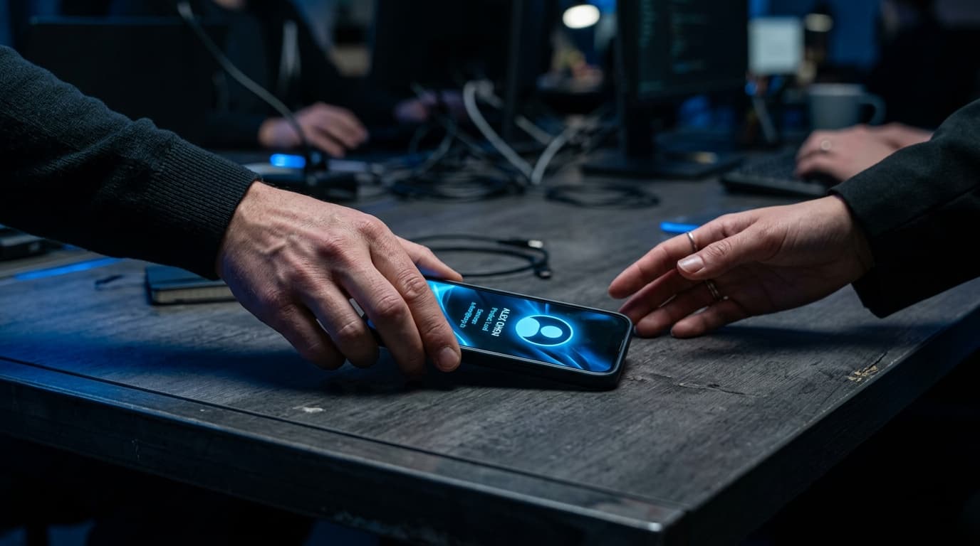 Рука передаёт телефон с контактом другой руке за столом