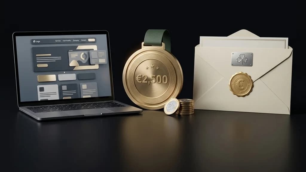 Trading Online Voucher grant: live website laptop, gold award medal and voucher certificate with shamrock