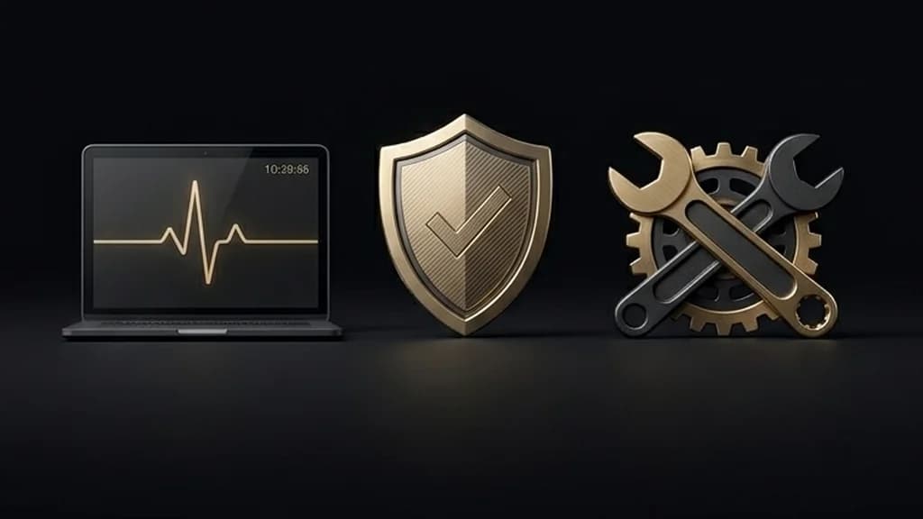 Care plan security shield with checkmark, uptime pulse monitor, precision brass wrench and gear