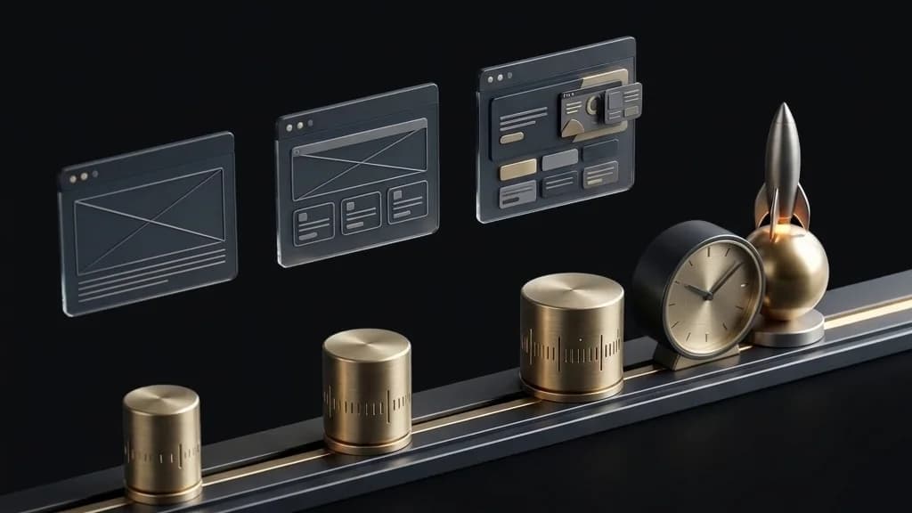 Four-week project timeline: frosted wireframe cards, brass milestone cylinders, desk clock and rocket
